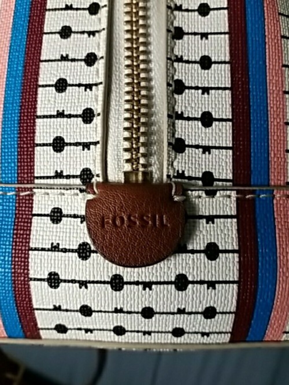 Fossil White Satchel with Brown Handles and Blue & Red Stripes - Picture 5 of 15